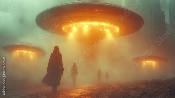 Fototapeta A group of people are walking through a foggy, misty area with three large