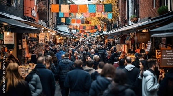 Fototapeta Busy outdoor market with a dense crowd of people shopping and browsing colorful market stalls; vibrant decorations hanging above.