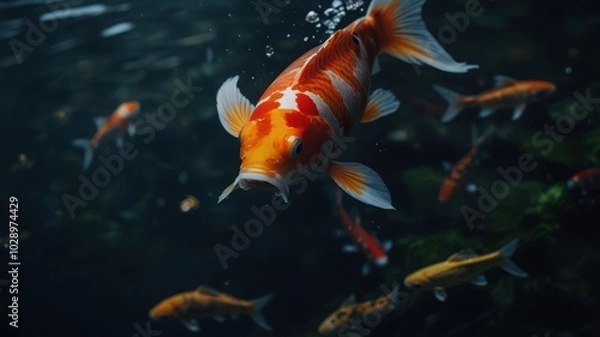Fototapeta A vibrant orange and white koi fish swims towards the surface of the water, its mouth open as if it's about to take a breath of air. There are other koi fish 