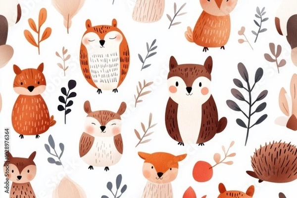 Obraz A collection of cute woodland animals, including a fox, a rabbit, and a bear, are painted in a whimsical style. The animals are surrounded by leaves and branches, giving the scene a playful