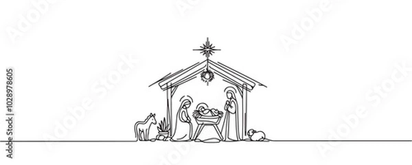 Fototapeta Baby Jesus lying in a manger in a stable. Biblical nativity scene. One line drawing. Vector illustration