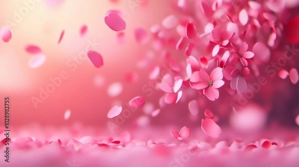 Fototapeta Pink flowers with pink petals are scattered all over the image. The flowers are in different sizes and are spread out in various directions. Scene is one of beauty and serenity