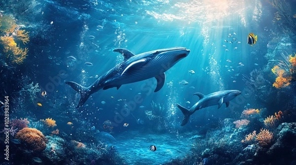 Fototapeta Underwater background of the ocean floor with fish whales