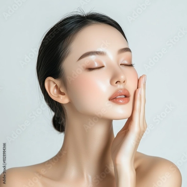 Fototapeta A serene portrait of a beautiful Asian woman showcasing her smooth, clear skin. The close-up emphasizes her natural beauty and radiance, perfect for beauty and skincare themes.
