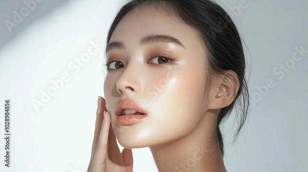 Obraz A portrait of a beautiful Asian woman showcasing smooth, clear skin. The image captures natural light to highlight her radiant glow and elegant expression. Perfect for beauty and skincare themes.