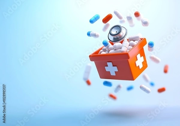 Fototapeta 3D isometric icon, medical box with stethoscope and pills