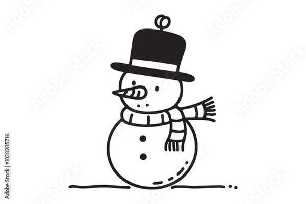 Fototapeta Simple one line drawing of a cheerful snowman in a scarf and hat, vector illustration