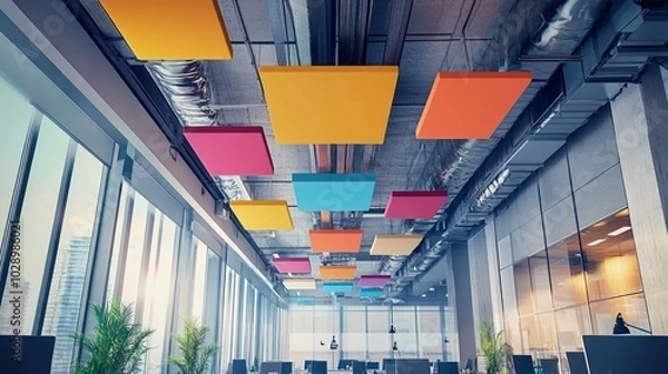 Fototapeta Acoustic ceiling sound absorb. Modern office interior with colorful ceiling panels and large windows.