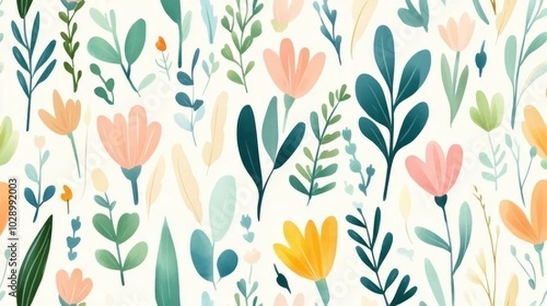 Fototapeta A colorful floral pattern is displayed on a white background. The flowers are arranged in a way that creates a sense of movement and energy. Scene is cheerful and uplifting, as the bright colors