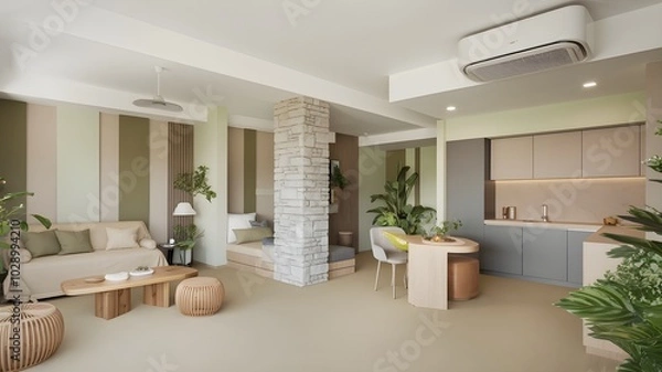 Fototapeta Cozy and Wellness Centered Small Apartment Design with Natural Elements and Greenery