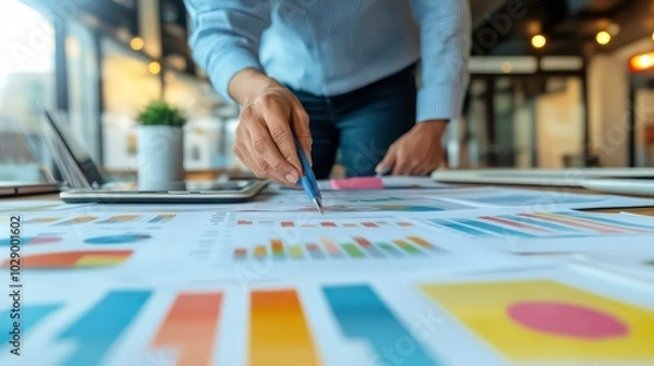 Fototapeta Close-up of a businessman's hand pointing at a graph on a desk with a laptop in the background.