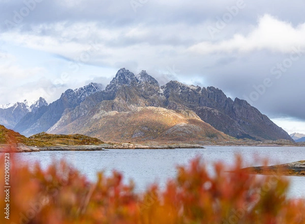 Obraz A beautiful autumn landscape of a fjord coast near Svolvaer, Lofoten istands, Norway in sunny day.