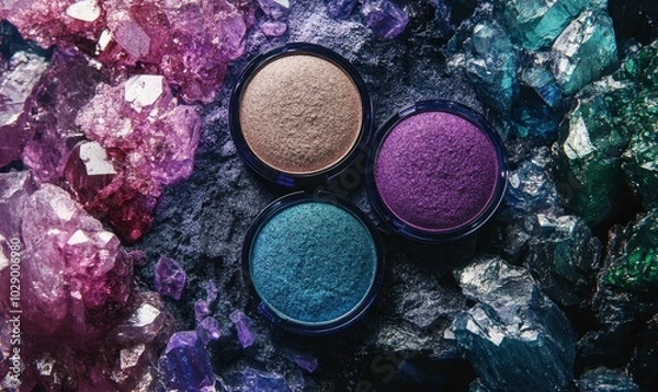 Fototapeta Sparkly eyeshadows on gemstone background.