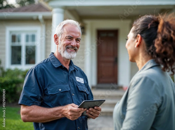 Fototapeta Lawn arborist technician installer worker talking to customer making a sale in the front yard of a home, happy conversation about work well done, working class, casual, outdoors