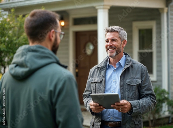 Fototapeta Lawn arborist technician installer worker talking to customer making a sale in the front yard of a home, happy conversation about work well done, working class, casual, outdoors