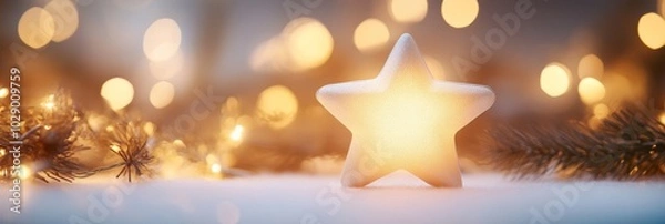 Fototapeta A beautifully glowing star icon on a soft, blank white surface, illuminated by festive lights and casting soft shadows