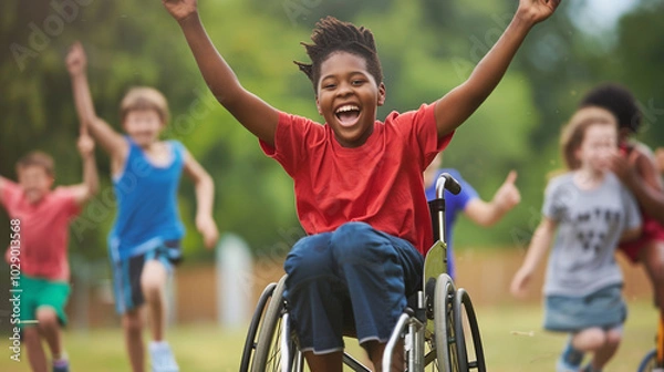 Obraz A mixed-race student in a wheelchair being cheered on by classmates during a field day race, with space for text in the background.