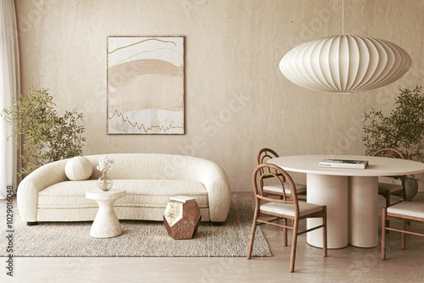 Fototapeta Stylish and modern living room featuring elegant decor with light colors throughout the space, 3d rendering