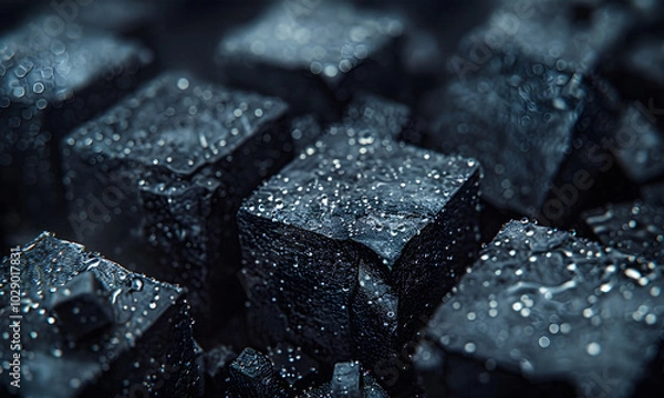 Fototapeta A Hyper-Realistic Image Featuring Black Foam Cubes Set Against a Dark Background