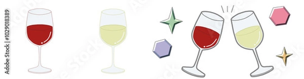 Obraz 赤ワインと白ワインの乾杯セット　イラスト