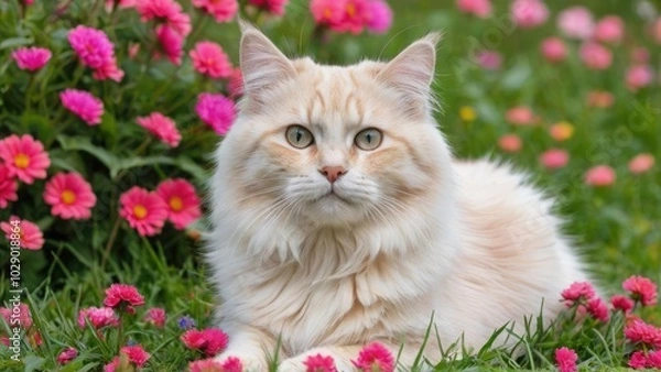 Fototapeta Cream siberian cat in flower field