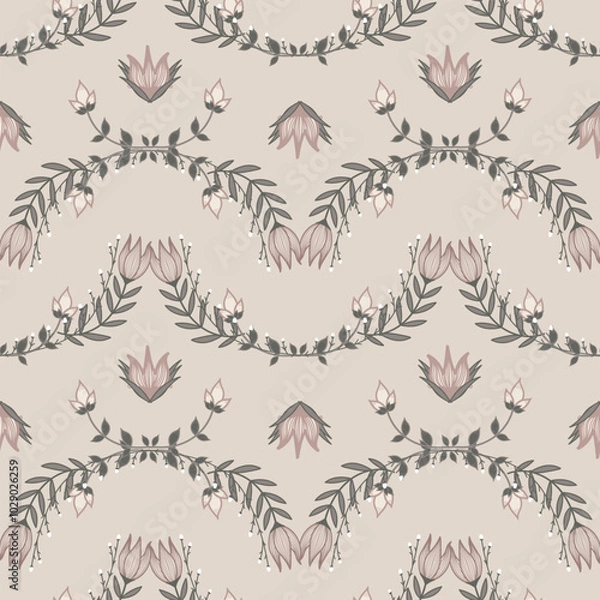 Fototapeta Elegant design features a delicate floral vine pattern with soft pink flowers gracefully intertwined on a warm beige background. Hand-drawn botanical design blends vintage charm and feminine appeal.