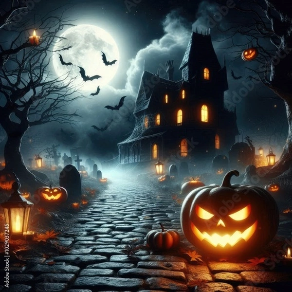 Fototapeta  Halloween background featuring glowing pumpkins scattered around a spooky house under a dark sky The setting is filled with festive but haunting elements, perfect for a Halloween nigh