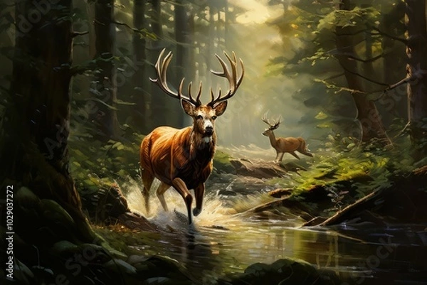 Fototapeta deer bounding through the forest