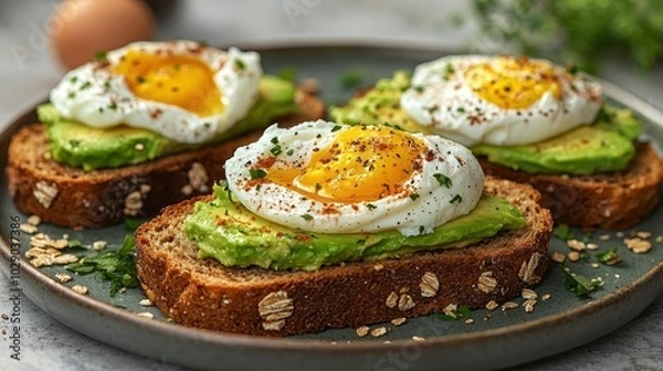 Fototapeta Avocado Toast with Fried Eggs and Herbs on Whole Grain Bread