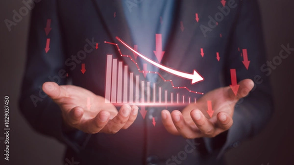 Fototapeta Businessman trade for profit in the stock market the red graph indicates a loss. Stagnation or falling of market.