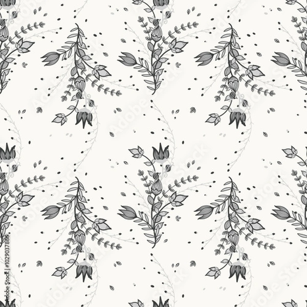 Fototapeta Intricate monochrome floral pattern featuring hand-drawn tulips and leaves in Scandinavian folk style. Delicate grey and black motifs flow harmoniously for a whimsical, elegant look.