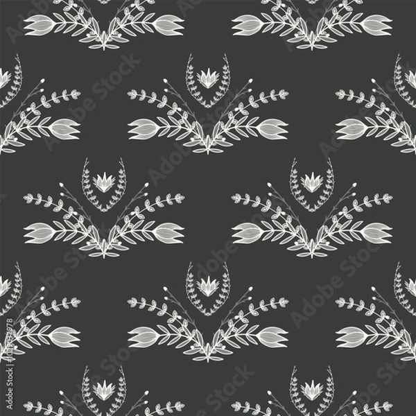 Fototapeta Monochrome floral pattern with delicate white flowers and foliage on a dark background. Elegant and modern, this black-and-white design evokes timeless sophistication with a vintage touch.