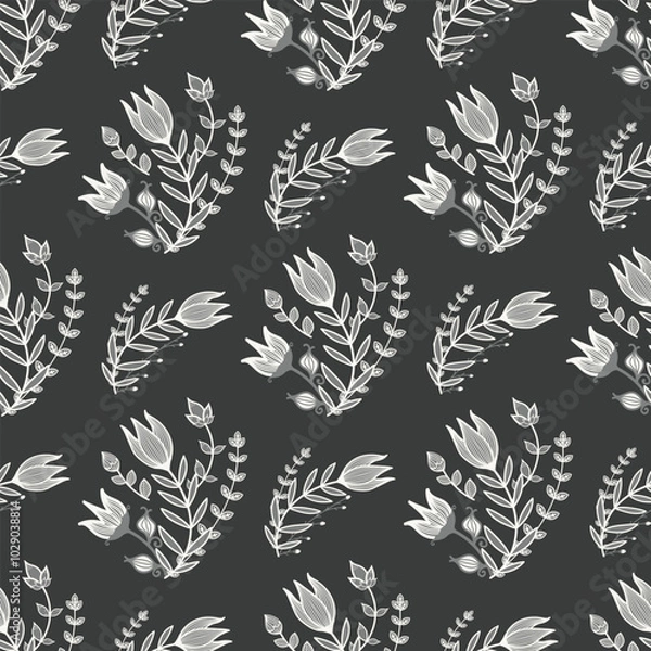 Fototapeta Monochrome floral pattern features delicate white tulips and intricate foliage on a dark background. Modern, elegant, and refined, it evokes sophistication and timeless black-and-white beauty.