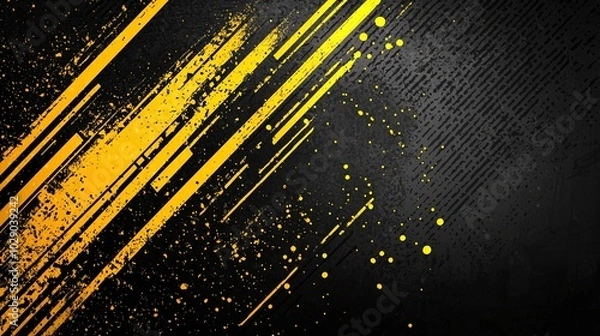 Fototapeta An abstract backdrop featuring black and yellow tones, characterized by dynamic brushstrokes and a halftone pattern.