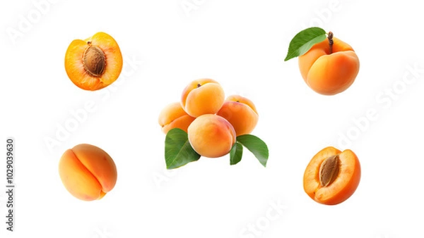 Obraz Ripe apricots set on transparent background. Design png clipart of fresh autumn harvest for postcards, posters and stickers