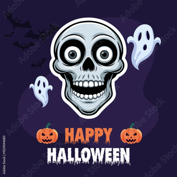 Fototapeta Halloween design with skeleton, ghost and creepy pumpkin on purple background.