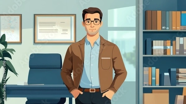 Fototapeta An animated image of a man standing in an office setting, wearing a brown jacket, blue shirt, and glasses, with a confident expression
