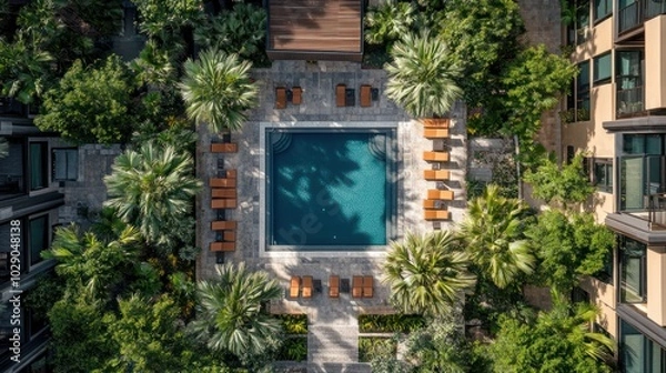 Fototapeta An aerial view of a swimming pool surrounded by palm trees and lounge chairs in a courtyard.
