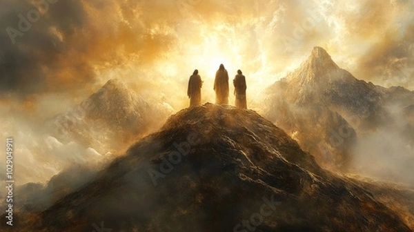 Fototapeta Transfiguration of Jesus, vibrant portrayal of Jesus with Moses and Elijah, illuminated figures on a majestic mountain, capturing divine encounter and spiritual significance