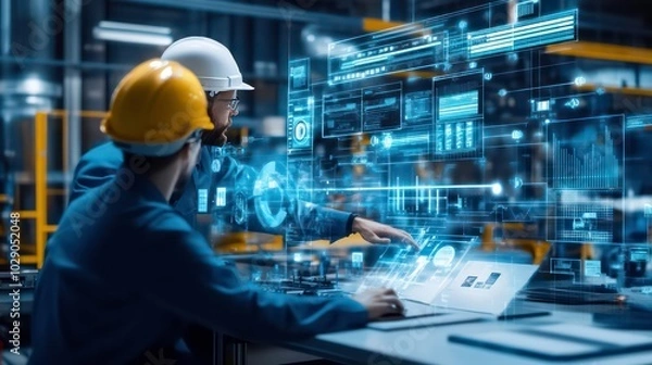 Obraz Two male engineers in a factory setting reviewing data on a large digital screen.