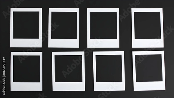 Fototapeta Empty Polaroid frames arranged on black background in two rows, Generative AI