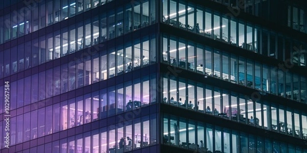 Fototapeta Close-up of an office building’s glowing windows, the lights spilling out into the night sky in vibrant blues and pinks. The modern business district is alive with energy.