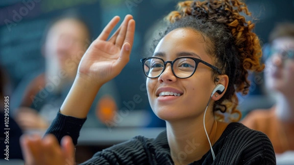 Fototapeta A student with a hearing aid participating in a lively classroom discussion, raising their hand and smiling, with room for copy on the blackboard.
