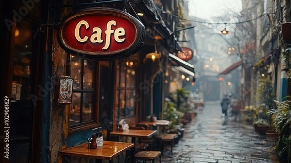 Fototapeta A cozy, atmospheric European street cafe on a rainy day with inviting outdoor seating and a nostalgic ambiance, perfect for enjoying a quiet coffee in the city
