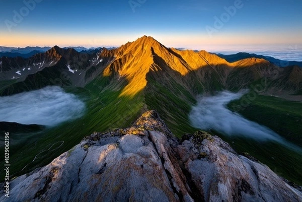Fototapeta A breathtaking panorama of a mountain range at sunrise, with the peaks glowing in golden light, and valleys covered in mist, capturing the serene beauty of nature