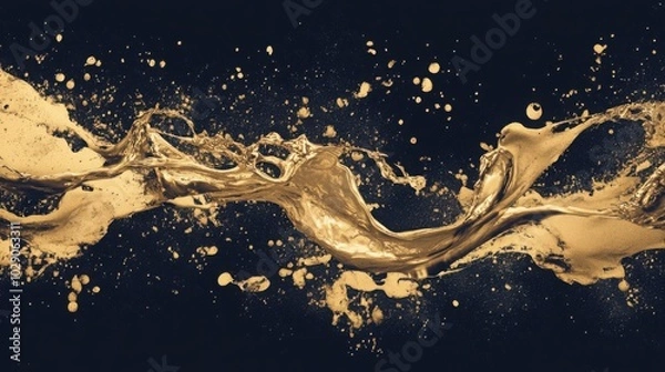 Fototapeta A luxurious gold ink splatter, with shiny, metallic fluid spreading across a dark background