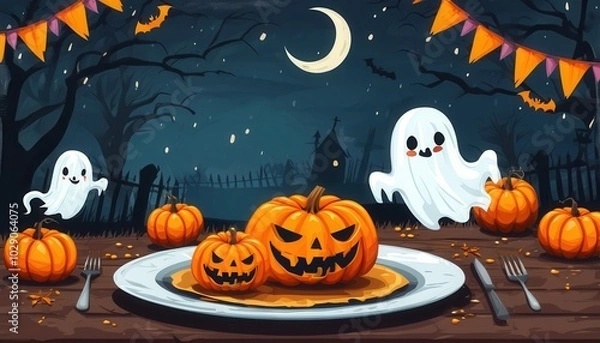 Fototapeta Spooky Halloween Table Setting with Ghosts and Pumpkins