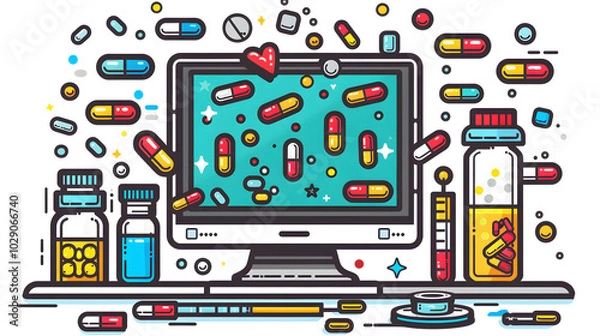 Obraz A computer surrounded by colorful medicine pills, vibrant illustration style