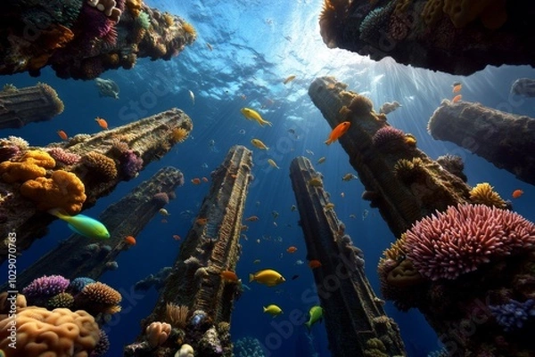 Fototapeta A panoramic view of a mythical underwater city, with towering spires made of coral and shimmering sea creatures swimming around ancient ruins