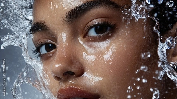 Obraz Model face mid-splash with water droplets captured, highlighting the invigorating effect of a cleanser